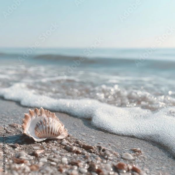 Fototapeta Serene Seashell Still Life on Pebble Beach Sparkling Surf and Tranquil Sea  Gentle Seafoam Washes Ashore at Soft Daylight