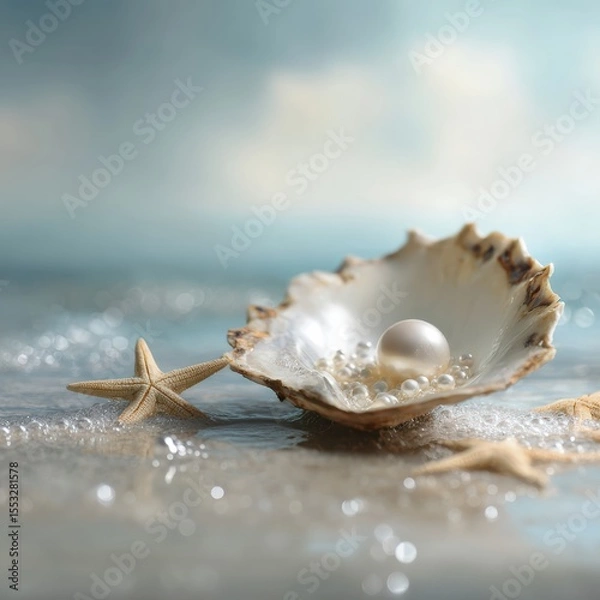 Fototapeta Elegant pearl in shell with starfish on pristine sand capturing serenity and beach concept in bright daylight