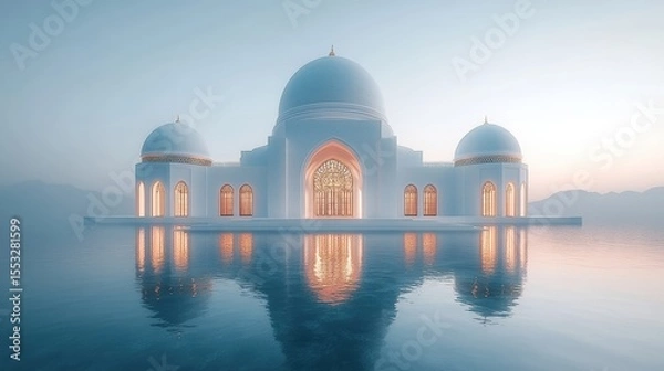 Fototapeta Serene Mosque Reflection in Calm Waters Elegant Islamic Architecture Harmony Light and Shadow Tranquil Scene Mystical Building Spiritual Ambiance Peaceful