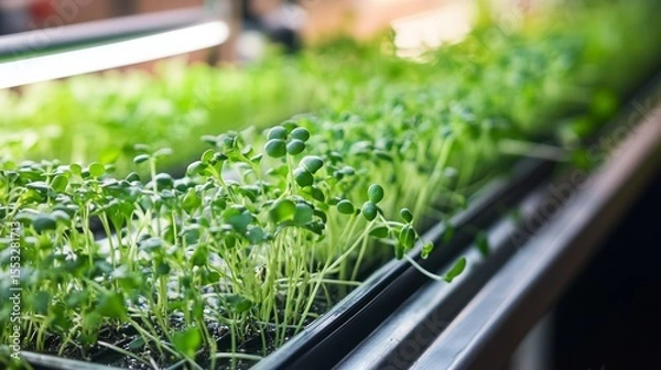 Fototapeta Microgreens sprouting beneath led lights in vertical hydroponic farm, showcasing innovative urban agriculture and fresh, nutrient-dense produce