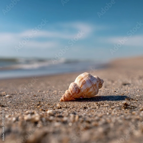 Fototapeta Serene summer beach scene with textured seashell on wet sand by ocean shore on beautiful day