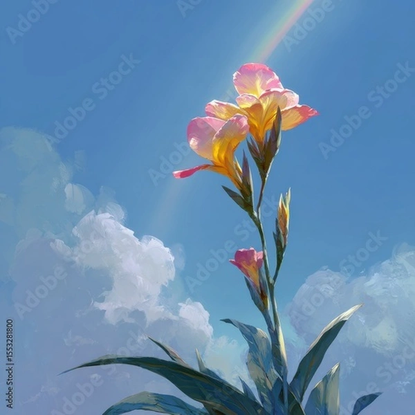 Fototapeta Painted Canna Lily Blossom Against Azure Sky and Cumulus Clouds with Rainbow Hue Artistic Style