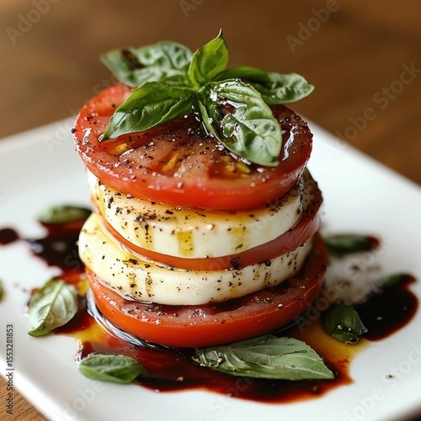 Fototapeta Close up of Fresh Caprese Salad with Balsamic Glaze Featuring Tomato Mozzarella and Basil Leaves