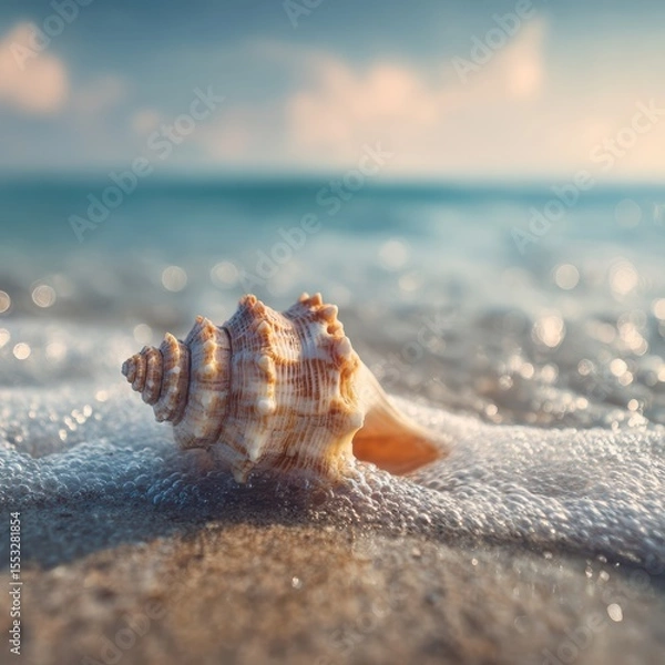Fototapeta Seashell Serenity Beach Calm Seashell in Gentle Waves Under Pastel Sky a Seaside Escape Captured