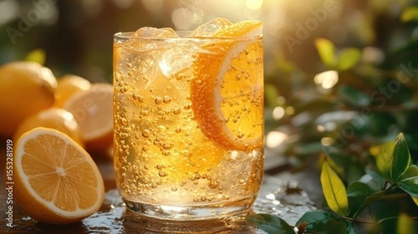 Fototapeta Refreshing lemonade drink with ice cubes and lemon slice in a glass on an old wooden table under sunlight