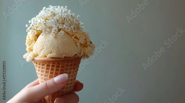 Fototapeta Vanilla ice cream in waffle cone adorned with delicate flowers held by a hand in soft lighting