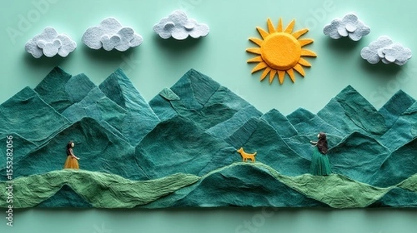 Fototapeta Whimsical Fabric Landscape with Mountains Sun Clouds and Figures in a Felt Crafted World