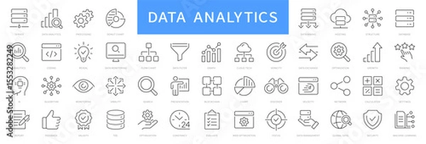 Fototapeta Data analytics line icons. Data, analysis, optimization, processing, mining, technology, monitoring icon set. Editable stroke. Vector