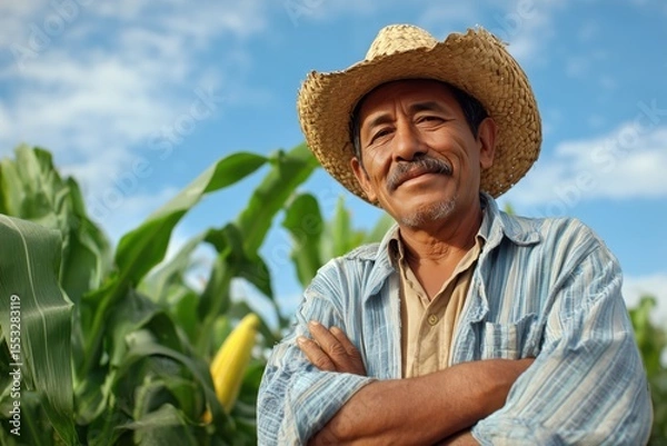 Fototapeta happy Mexican farmer with arms crossed in front of a corn field