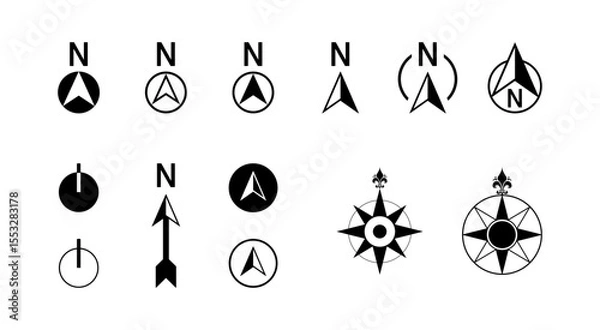 Fototapeta Basic North Arrow Mark Sign Symbol Icon Set for Site Plan and Map Orientation. Vector Image.