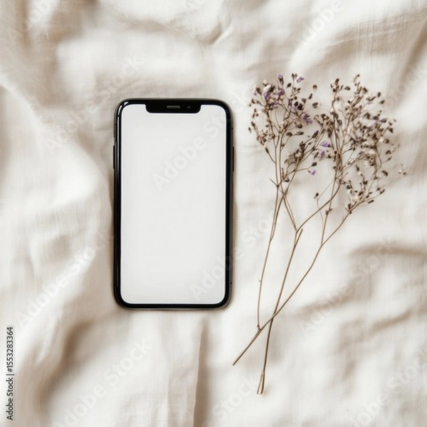 Fototapeta Minimalist smartphone display with delicate flowers on soft fabric background