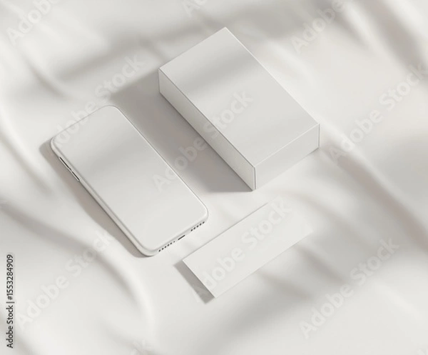 Fototapeta Minimalistic white smartphone with box and card on elegant fabric surface