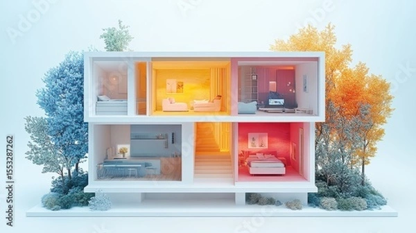 Fototapeta Colorful two story modern house model among trees with different interior design styles and colors