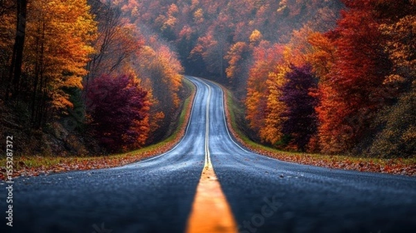 Fototapeta Scenic Autumn Road Journey Through Colorful Forest Trees in Radiant Light with Foliage Ground