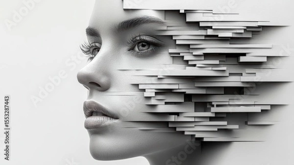 Fototapeta Beautiful woman face in modern abstraction style black and white art portrait with geometric shapes elegant style