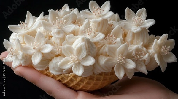 Fototapeta Elegant confectionery concept close up of a waffle cone filled with flowers made of white cream delight