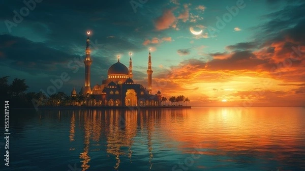 Fototapeta Serene Mosque Silhouette at Twilight Majestic Islamic Architecture Reflecting in Calm Waters Golden Hour Tranquil Horizon Idyllic