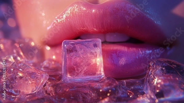 Fototapeta Radiant Lips and Cooling Ice Cubes A Captivating Close Up  Sensual Beauty Portrait with Vivid Color and Studio Lighting