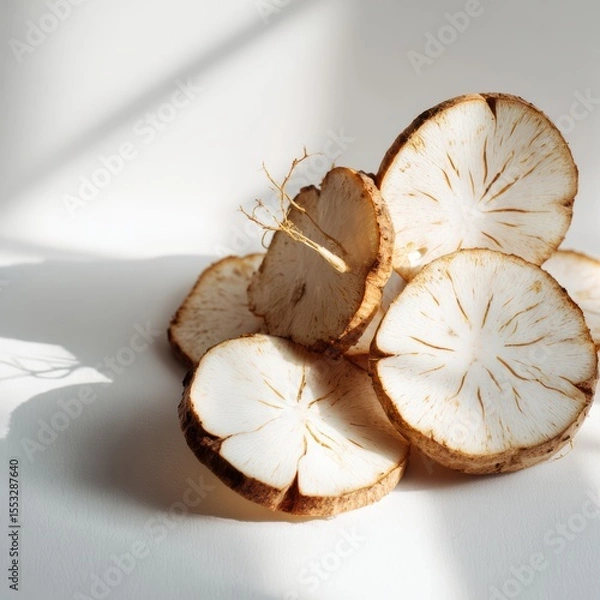 Fototapeta Sliced Burdock Root Still Life Simple Light and Shadow Aesthetic Studio Composition for Health and Wellness Concept