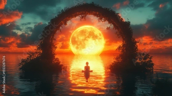 Fototapeta Serene Meditation Silhouette Against a Dramatic Sunset Reflection in Water with Archway Trees and Moon Glow