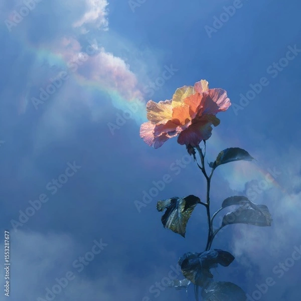 Fototapeta Ethereal orange blossom against a gradient cloudscape with vibrant rainbow light and mystical ambient background
