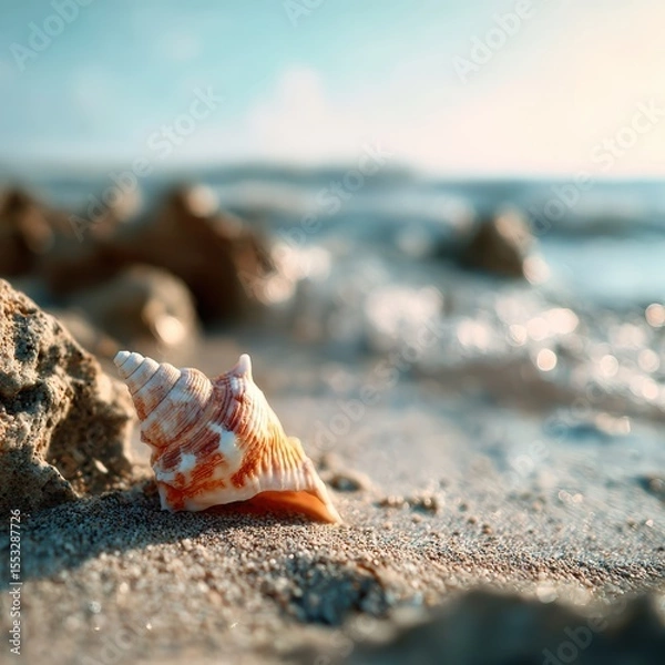 Fototapeta Captivating seashell on sun kissed beach sandy shore sparkling ocean creating tranquil idyllic coastal scene peaceful serenity