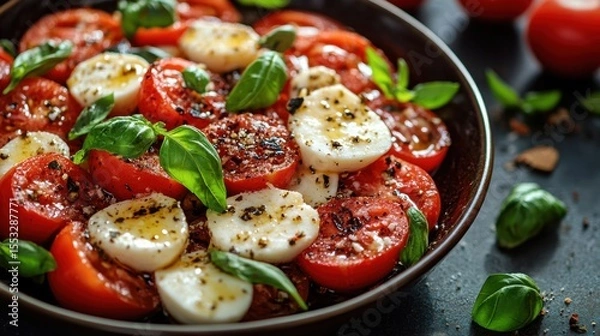 Fototapeta Caprese salad with fresh tomatoes and mozzarella cheese drizzled with olive oil and basil garnish healthy eating concept
