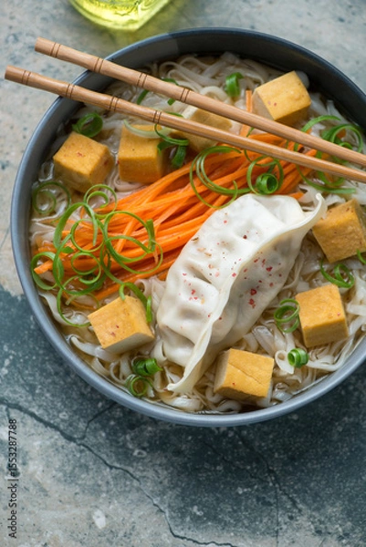 Fototapeta Bowl of rice noodles in miso broth with steamed dumpling, smoked tofu and vegetables, vertical shot, middle close-up, elevated view