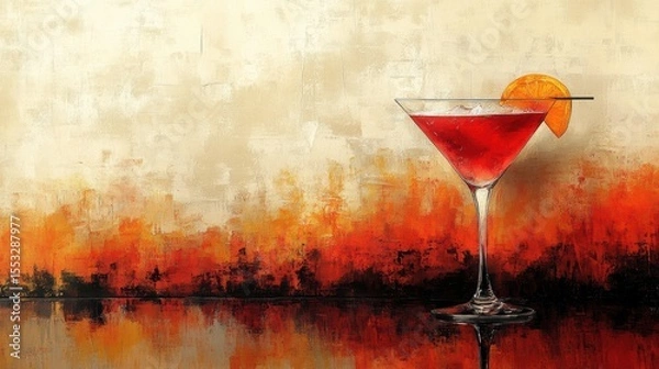 Fototapeta Artistic Refreshment Red Cocktail Glass with Orange Slice Against Abstract Painted Background