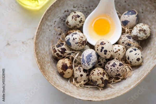 Fototapeta Beige bowl with fresh uncooked quail eggs, horizontal shot, middle close-up, elevated view