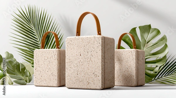 Fototapeta 3 beige terrazzo stone airport style boxes with leather handle, minimalistic background