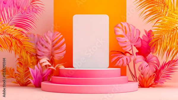 Fototapeta 3D render of a colorful podium with a blank card in the center, set against a background of pink and orange pastel colors1