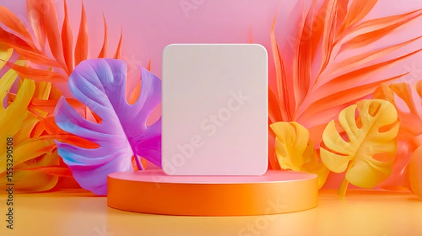 Fototapeta 3D render of a colorful podium with a blank card in the center, set against a background of pink and orange pastel colors1
