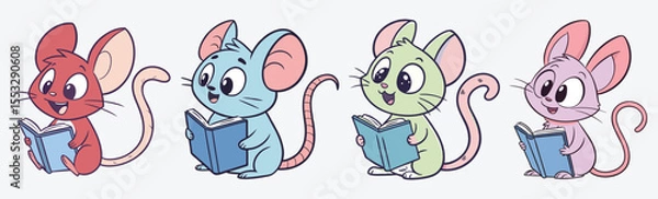 Fototapeta Colorful cartoon mice reading books vector.