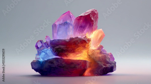 Fototapeta 3D render of a colorful, glowing rock and crystal stack on a white background