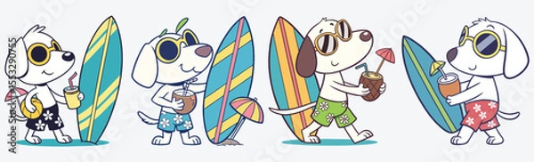 Fototapeta Cool beach puppies in summer outfits with surfboards and drinks simple flat design vector.