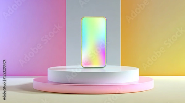 Fototapeta 3D render of a levitating smartphone mockup on a pastel background with a podium