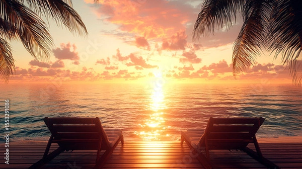 Fototapeta Sunset reflecting on the clear water of an elegant resort in the Maldives, with palm trees and lounge chairs 