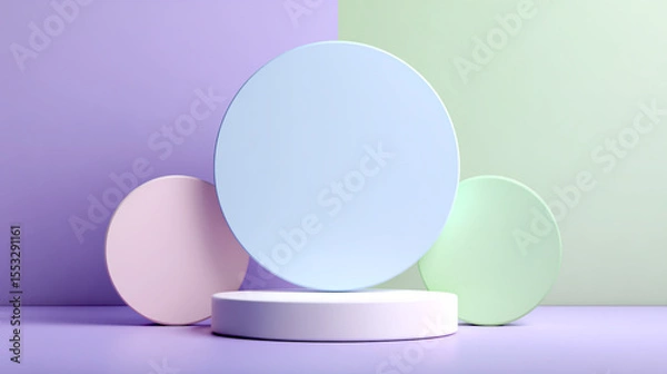 Fototapeta 3D render of a simple white and pastel blue round empty vertical display stand mockup