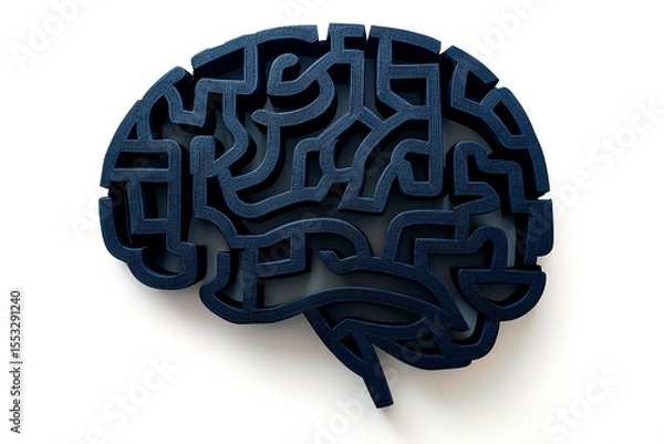 Fototapeta A wooden brain-shaped maze sculpture symbolizing complexity and problem-solving, placed on a beige background, highlighting mental challenges	