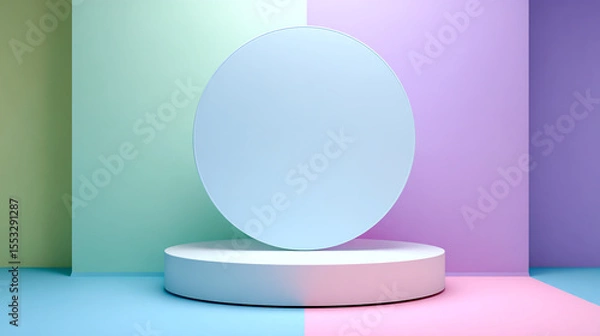 Fototapeta 3D render of a simple white and pastel blue round empty vertical display stand mockup