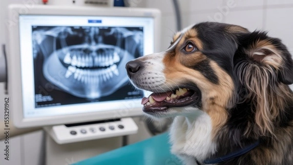 Obraz Happy dog at veterinary clinic with dental x-ray monitor in background