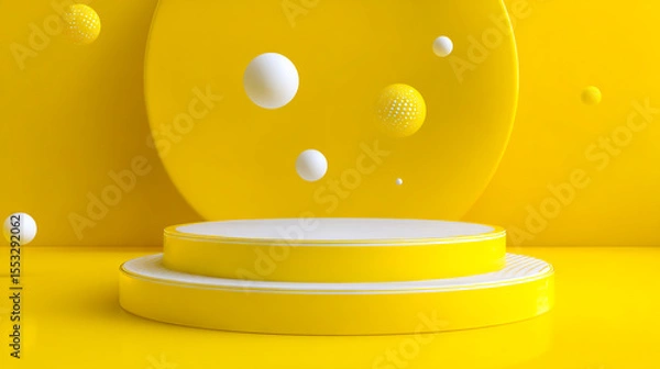 Fototapeta 3D render of yellow and white spheres on a podium platform floating in the air against a yellow background