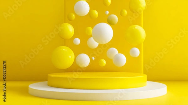 Fototapeta 3D render of yellow and white spheres on a podium platform floating in the air against a yellow background