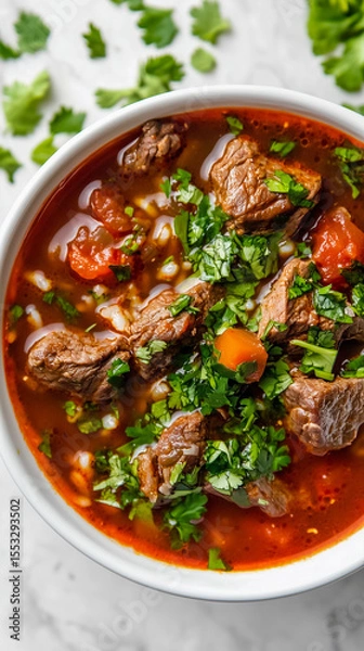 Fototapeta Traditional Georgian Kharcho beef soup with chunks of beef, cooked with onions, rice, tomatoes, herbs land spicy pepper.