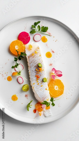 Fototapeta Cured seabass with sakura soy, orange, jalapeno, and radish. Clean minimalistic food styling.