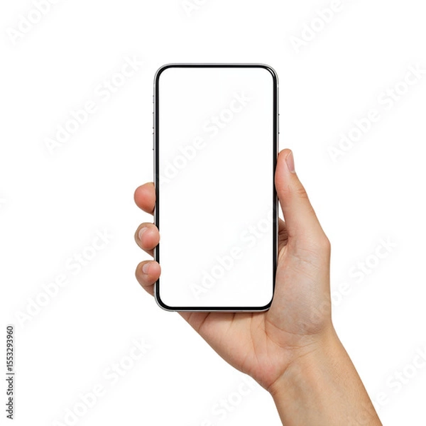 Fototapeta Woman s hands holding a modern smartphone horizontally with a blank white screen isolated on transparent background