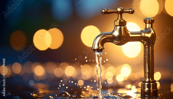 Obraz Darkened Faucet Actively Spraying Water with Bokeh Lights