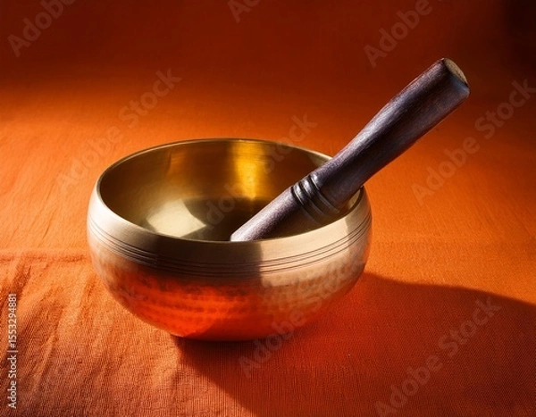Fototapeta side view of a singing bowl with mallet on orange fabric