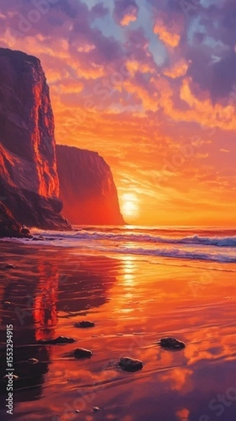 Fototapeta Vibrant Sunset Over Coastal Cliffs and Wet Sand Reflection